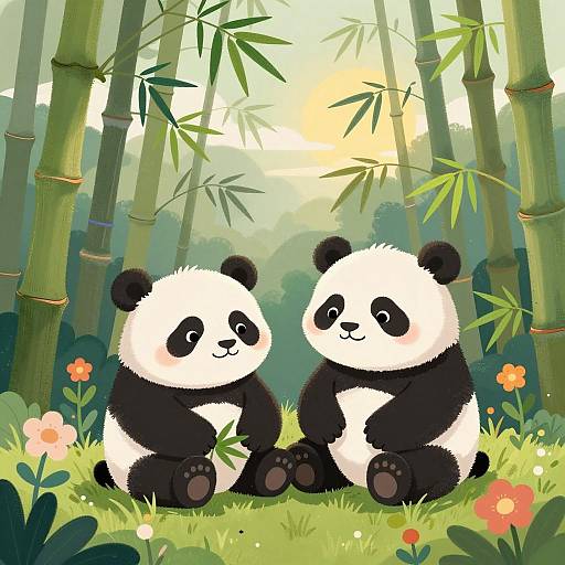 Two Happy Pandas in Bamboo Forest