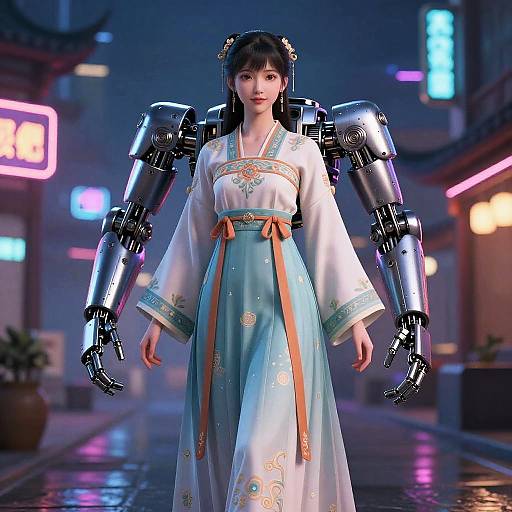 Digital art of a cybernetic Korean woman in traditional white and blue hanbok with metallic arms, standing on a neon-lit, rainy street