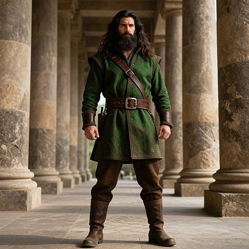 Rugged Man by Ancient Stone Pillars