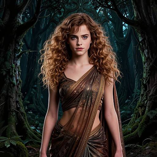 Photograph of a fair-skinned woman with long, curly red hair, wearing a brown, gold-embroidered, sheer forest dress in a