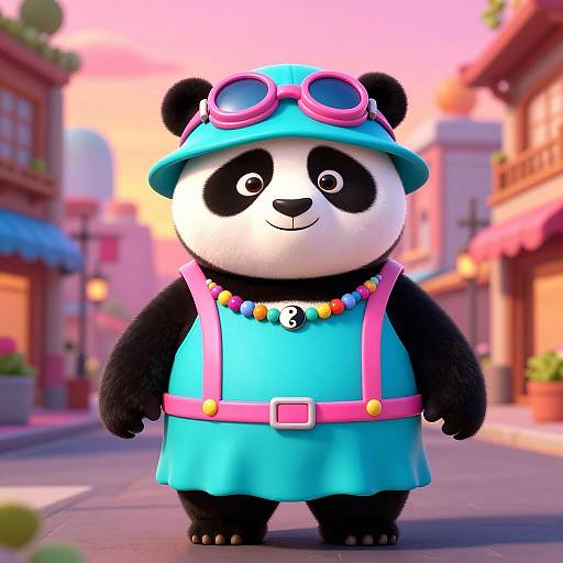 Cute 3D cartoon panda in blue dress, pink goggles, colorful necklace, standing on colorful street at sunset. Vibrant, playful, and
