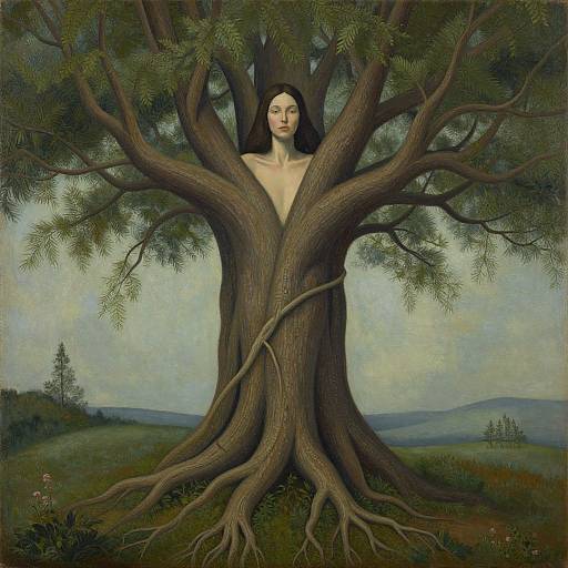 Surrealist painting of a pale, nude woman with long black hair emerging from a large, twisted tree in a misty, green landscape.