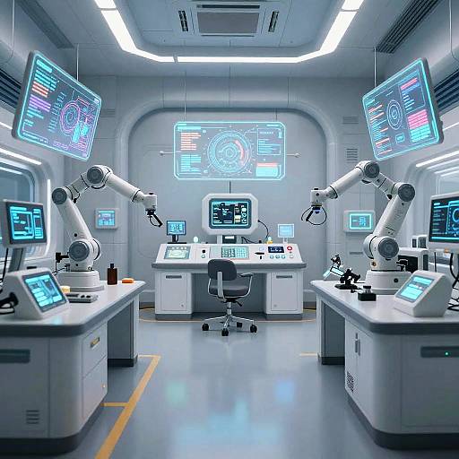 High-tech laboratory with two white robotic microscopes, four digital screens, and a central desk under bright fluorescent lighting. Modern, sterile, futuristic setting.