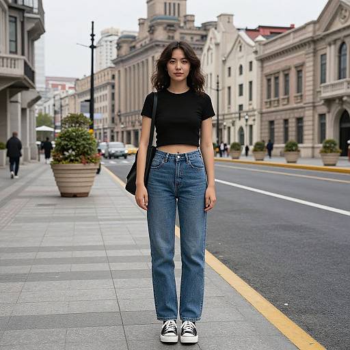 Photograph of a young Asian woman with wavy black hair, wearing a black crop top, high-waisted blue jeans, and white sneakers,