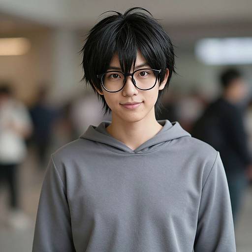 Photograph of a young Asian man with messy black hair, glasses, and a gray hoodie, standing in a blurred, indoor public area.