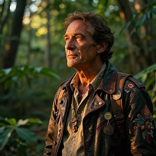 Photograph of a weathered middle-aged man with tousled brown hair, wearing a leather jacket adorned with patches, standing in a sunlit forest.