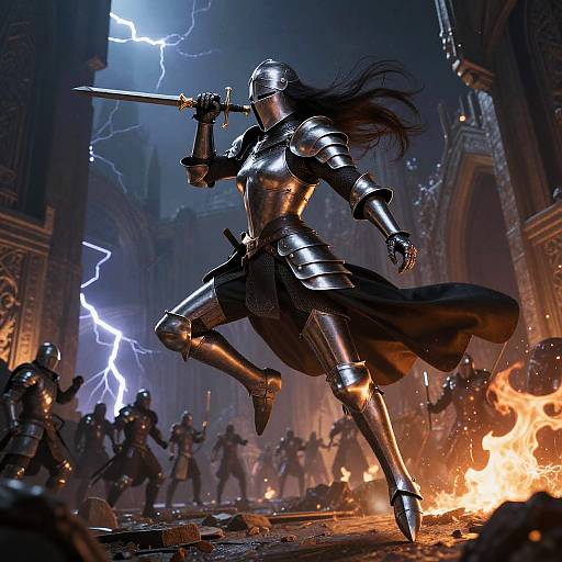 Epic digital art of a armored knight in a stormy, lightning-filled cathedral, holding a sword and leaping amid flames and other warriors.