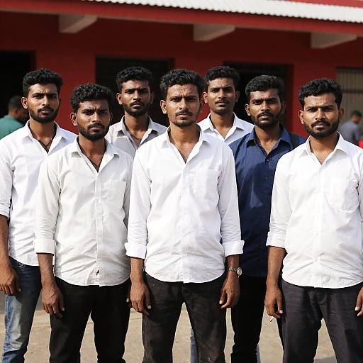 Seven Men in Front of Red Building