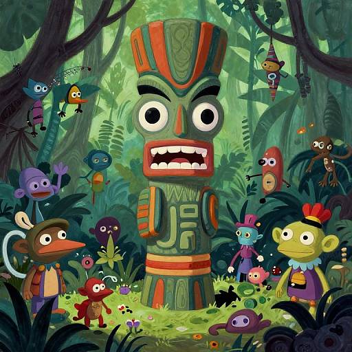 Vibrant digital illustration of a dense jungle with colorful, cartoon-style, indigenous totem pole surrounded by diverse, animated forest creatures.