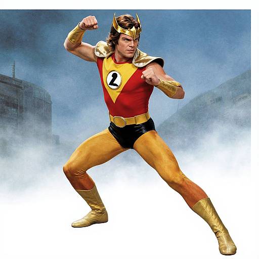 Colorful comic-style drawing of a muscular superhero with golden boots, red-yellow chest, black shorts, gold crown, and number 2 emblem, striking