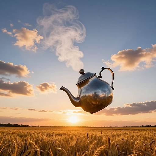 Photograph of a silver teapot with steam rising, floating above a golden wheat field at sunset with a blue sky and scattered clouds.