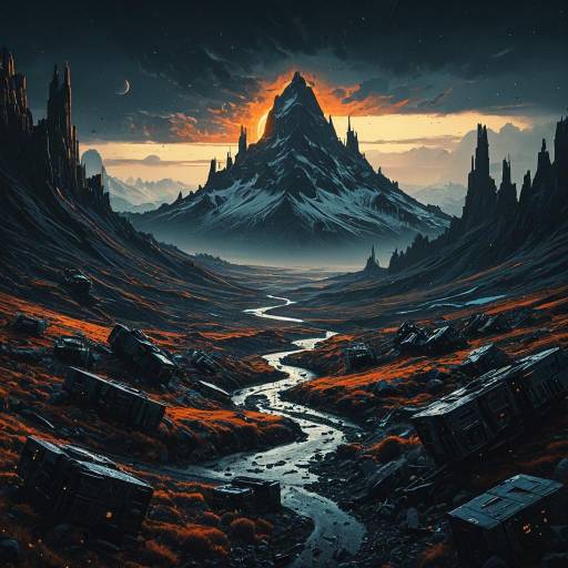 Cyberpunk Mountain Landscape at Dusk Cyberpunk Mountain Landscape at Dusk