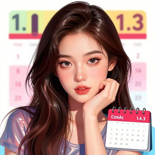 Digital illustration of an Asian woman with long black hair, fair skin, and pink lips, resting her chin on her hand, in front of a blurred