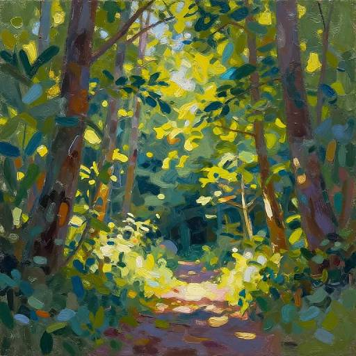 Vibrant impressionist painting of a sunlit forest path, with bright yellow and green foliage, thick tree trunks, and dappled sunlight