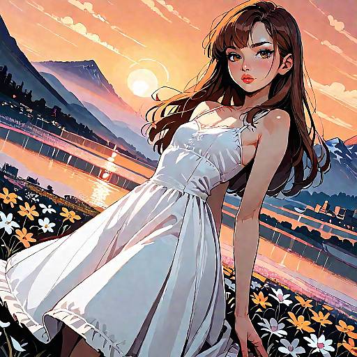 Girl on Hydrangea Road at Sunset