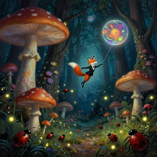 Fantastical forest scene: fox in black suit flying, holding glowing orb with fish and bubbles, surrounded by giant mushrooms, fireflies, and lady
