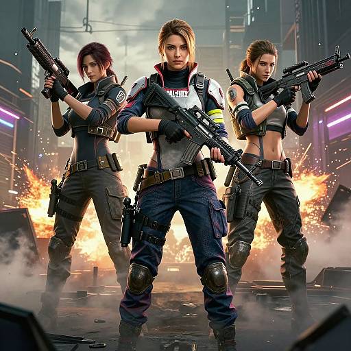 Photorealistic CGI of three fierce female soldiers in tactical gear, holding assault rifles, standing confidently in front of an explosive cityscape.