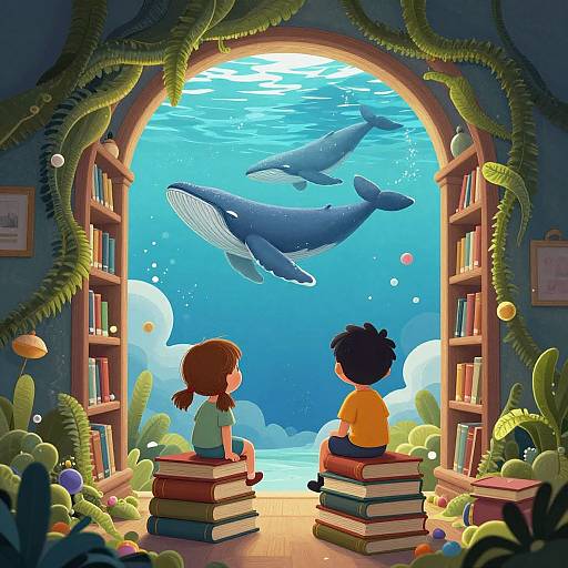 Digital illustration: Two children with brown and black hair, sitting on stacks of books, gaze through an arched window at two whales swimming in a vibrant