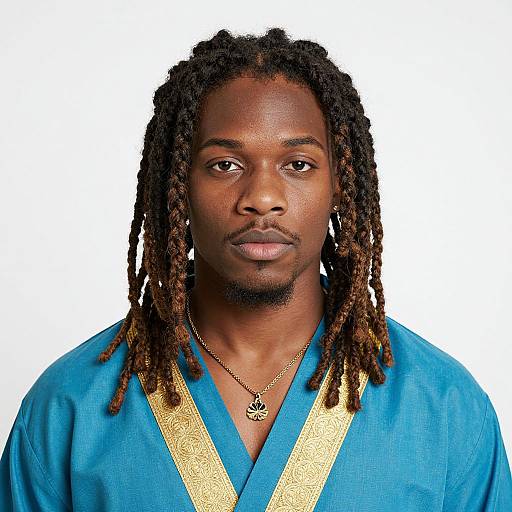Photograph of a Black man with dark brown skin and long, braided hair wearing a blue robe with gold trim, and a gold necklace with a