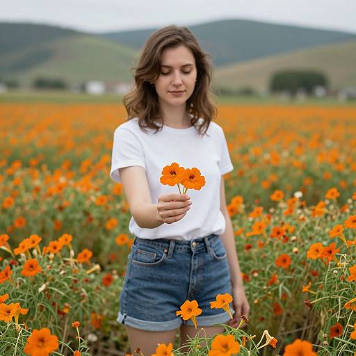 Young woman with wavy brown hair, white t-shirt, and denim shorts, holding an orange poppy in a vibrant poppy field, with green