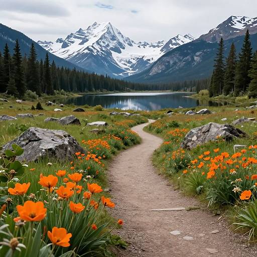 Photograph of a winding dirt path flanked by vibrant orange flowers, leading to a serene lake with snow-capped mountains and evergreen forest in the