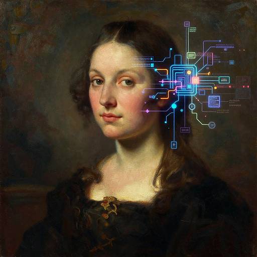 Digital art of a classical-style portrait with a young woman, dark hair, fair skin, black dress, and glowing, colorful circuitry on her right