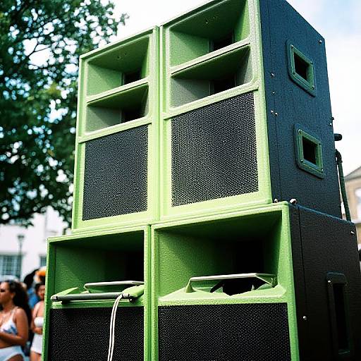 Photograph of a tall, green and black, multi-speaker stack with mesh grills, set outdoors with trees and people in the background.