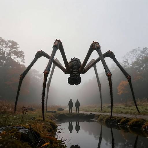 Digital artwork: Giant spider with long legs looms over a misty forest path, silhouetting two small figures standing in reflection pool.