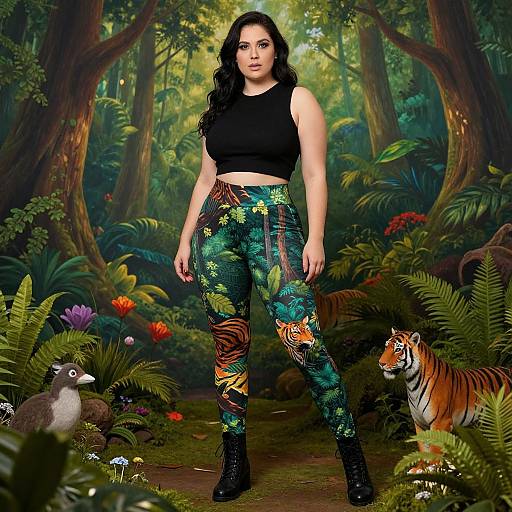 Photograph of a woman with long black hair in a black crop top and vibrant jungle-patterned leggings, standing in a lush forest with a tiger and