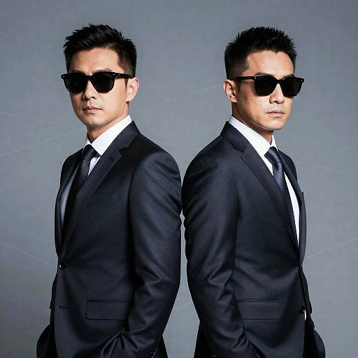 Two Men in Black Suits and Sunglasses Back to Back