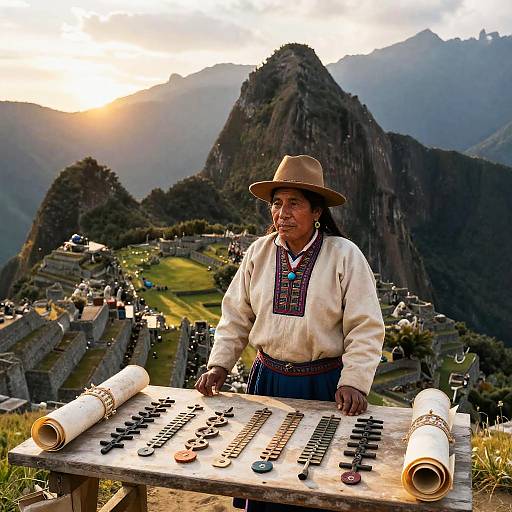 Photograph: Andean man in traditional white shirt and brown hat, selling wooden and stone necklaces at Machu Picchu, mountains and ruins backdrop