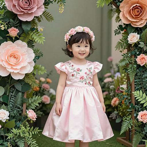 Smiling Asian Toddler in Pink Dress