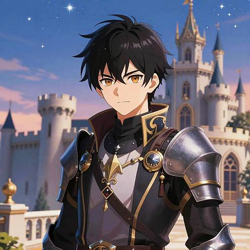 Anime Knight with Black Hair by Castle at Twilight