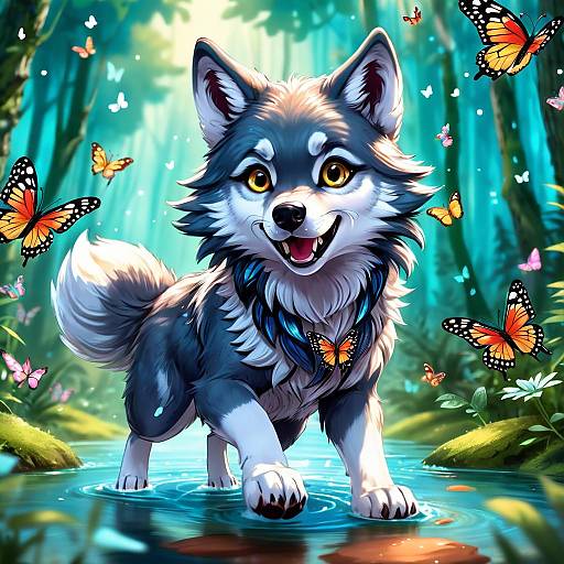 Digital illustration of a cute, fluffy grey and white wolf puppy wading in a forest stream, surrounded by colorful butterflies. Bright, vibrant, and whims
