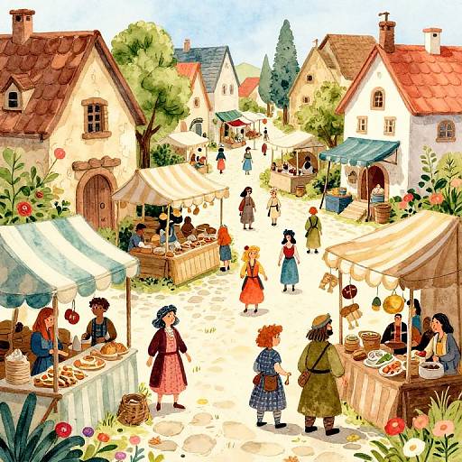 Whimsical village market scene in colorful, detailed digital illustration. People in vintage clothing browse stalls with fresh produce and flowers. Cobblestone street,