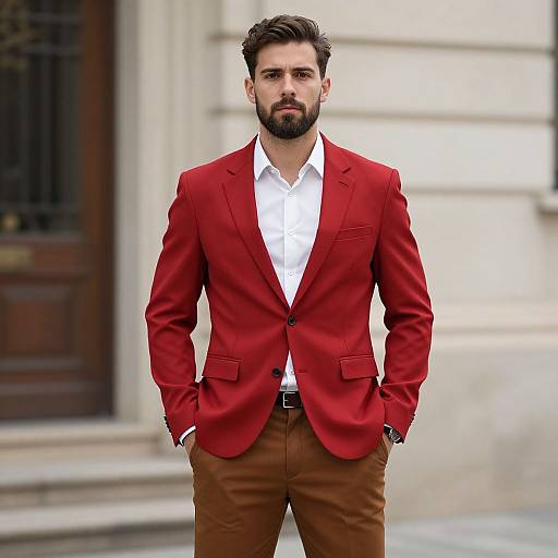 Photograph of a handsome bearded man with dark hair, wearing a bright red blazer, white shirt, and brown pants, standing confidently in front
