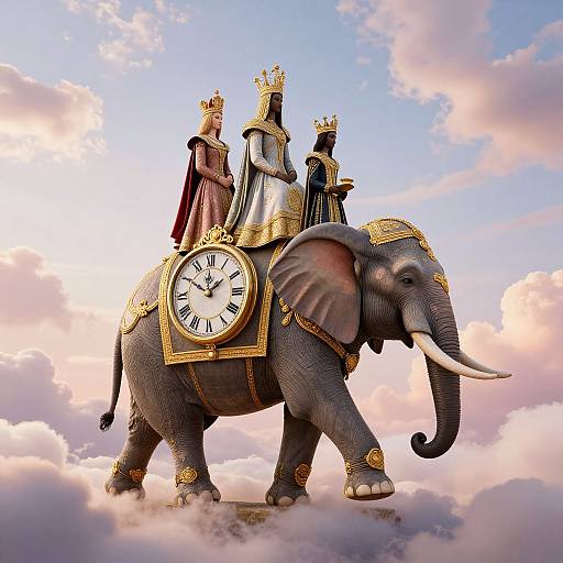 Digital artwork of a regal elephant with a clock on its side, adorned with gold, carrying four crowned figures above fluffy clouds.