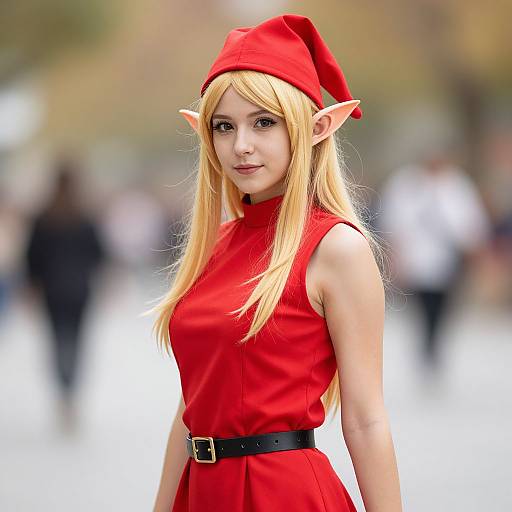 Photograph of a blonde woman in a red elf costume with pointed ears, red hat, sleeveless red dress, and black belt, standing outdoors in