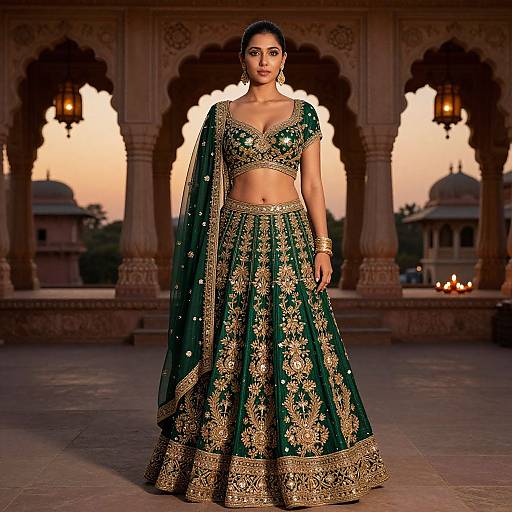 Photograph of a beautiful Indian woman in a green and gold embroidered lehenga and choli, standing in a sunset-lit, ornate courtyard.