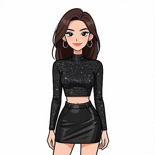 Digital illustration of a confident woman with long dark hair, wearing a sparkly black crop top and high-waisted black skirt, large hoop earrings,