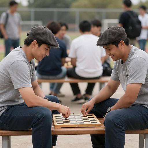 Two Men Enjoying Checkers Outdoors