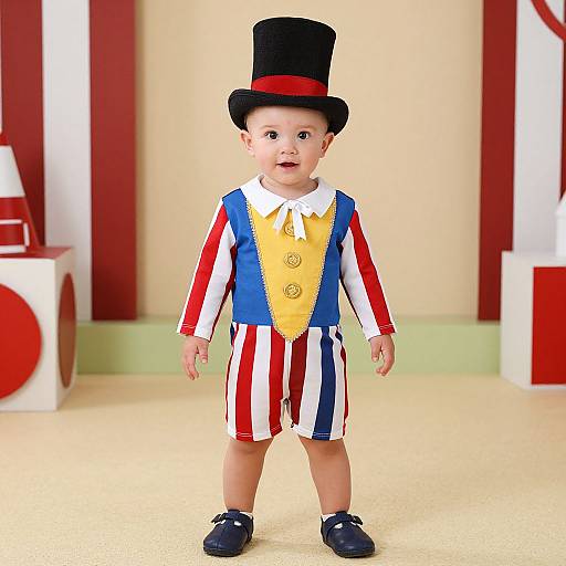 Photorealistic CGI of a baby wearing a black top hat, yellow vest, blue and red striped shirt, and shorts, standing on a beige floor