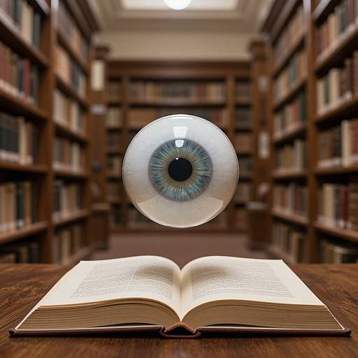 Photograph of an open book on a wooden table, with a floating eye with a blue iris hovering above it, in a dimly lit, wooden