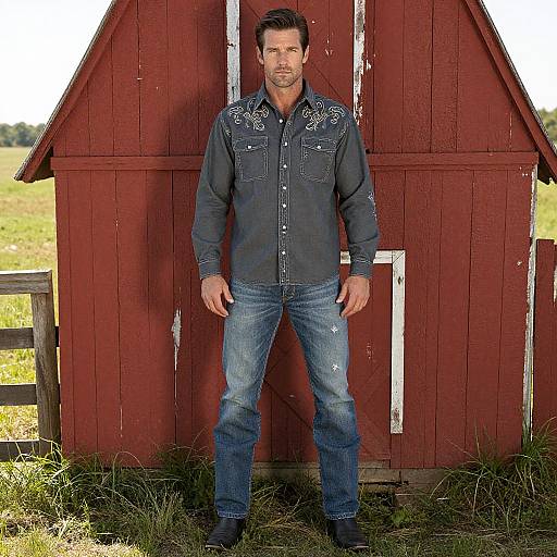 Photograph of a handsome, muscular man with short dark hair, wearing a blue denim shirt and jeans, standing in front of a red wooden barn in
