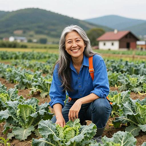 Photograph of a smiling Asian woman with long gray hair, wearing a blue shirt and orange straps, kneeling in a vibrant kale field with mountains and houses