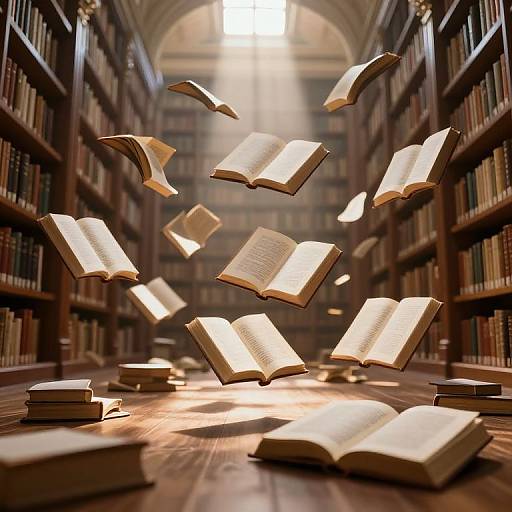 Photograph of a library aisle with wooden bookshelves on both sides, filled with floating open books illuminated by sunlight.