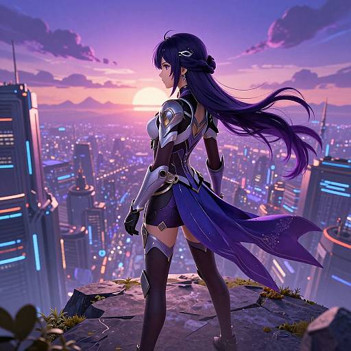 Digital anime artwork of a purple-haired warrior woman in futuristic armor standing on a rooftop, overlooking a glowing cityscape at sunset.