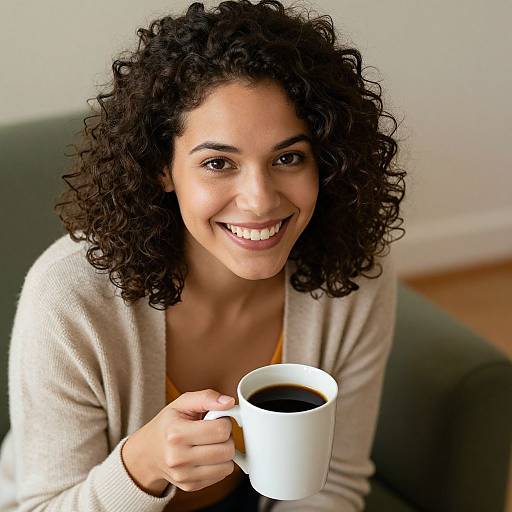 Photograph of a smiling, curly-haired woman with medium brown skin, holding a white coffee mug, wearing a beige cardigan, seated on a dark