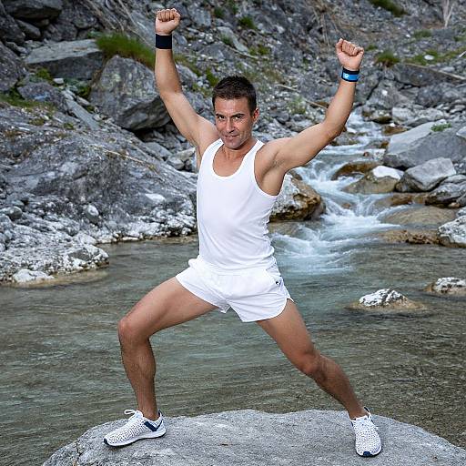 Photograph of a muscular, dark-haired man in a white tank top and shorts, posing triumphantly with arms raised on a rock in a rocky,