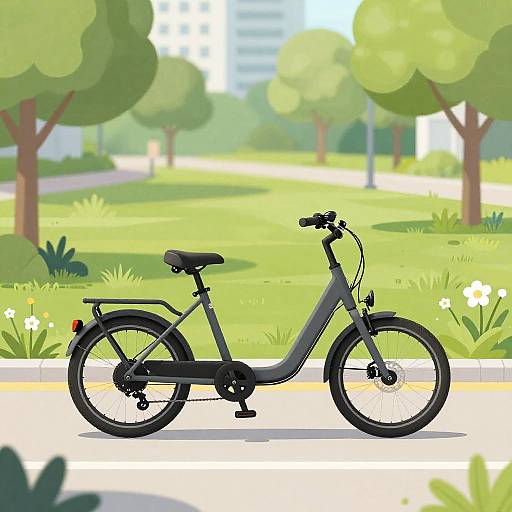 Digital illustration of a black, folding bicycle with a comfortable saddle, parked on a sunny, green park path with trees and flowers in the background.